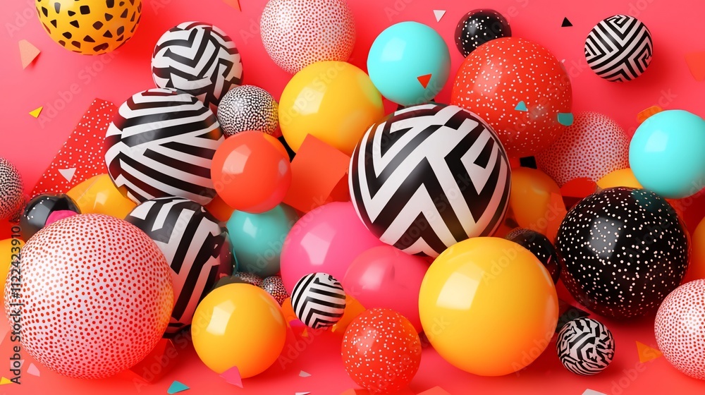 Fototapeta premium Colorful spheres with patterns on pink background.