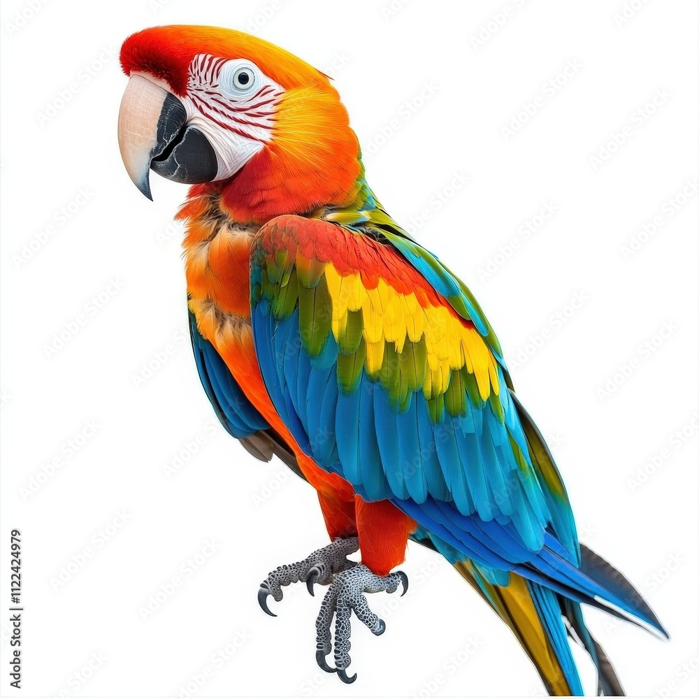 Fototapeta premium Vibrant Colorful Macaw Parrot Perched Against White Background Showcasing Rich Plumage and Intricate Feather Patterns in Bright Hues