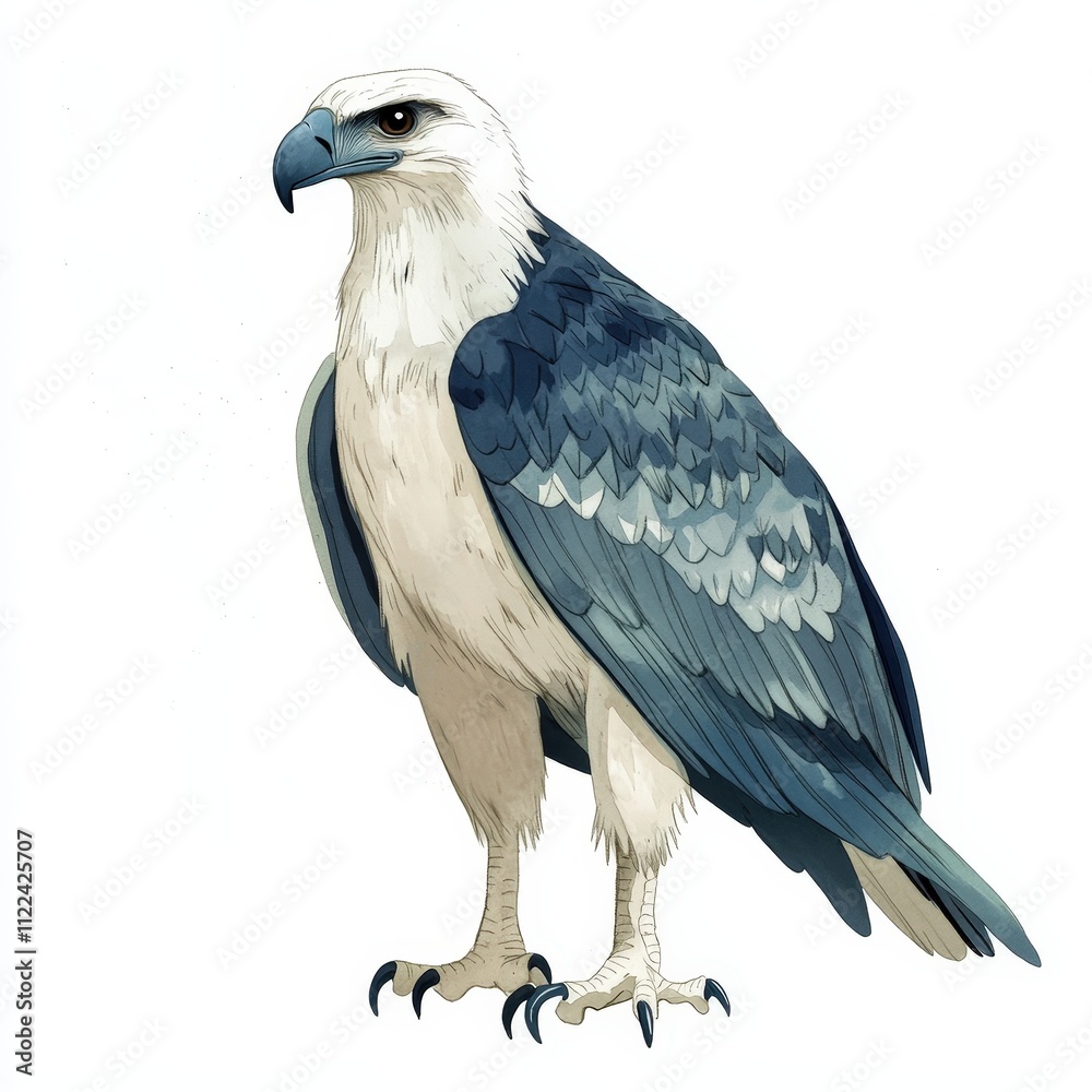 Obraz premium Majestic Bird of Prey with Striking Blue and White Feathers Perched Gracefully Against a Plain Background, Perfect for Nature and Wildlife Themes