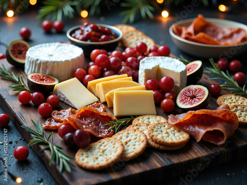 Exquisite cheese and charcuterie platter with fresh fruits and nuts for celebratory gatherings, photography of food styling concept.