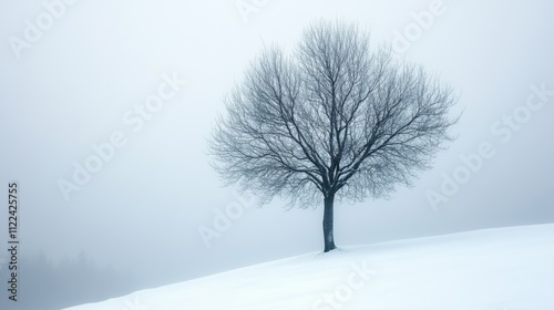 Lonely bare tree on snowy hill in a misty winter landscape against a gray sky