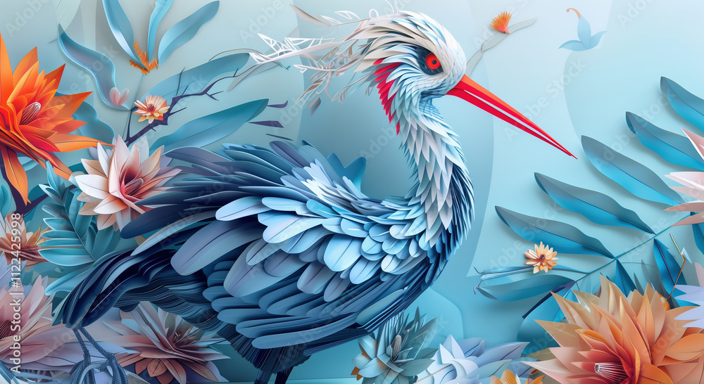 Fototapeta premium Paper Craft of a Crane Bird Roaming Around the Jungle
