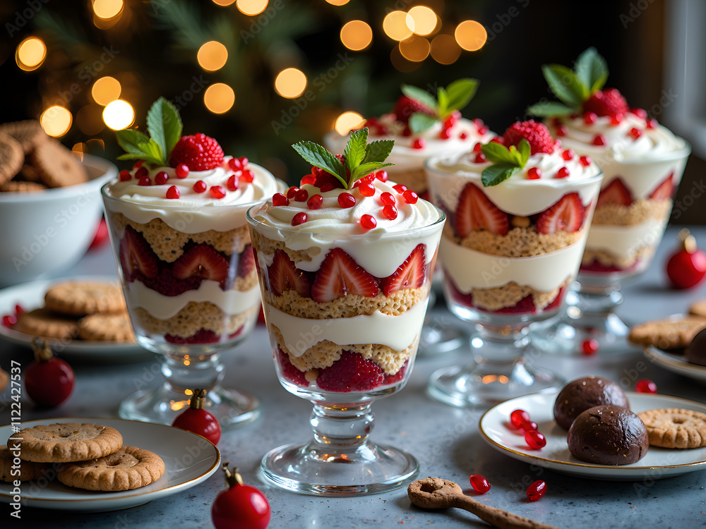 Festive berry parfaits with cream and mint garnish in a cozy holiday setting, photography of food styling concept.