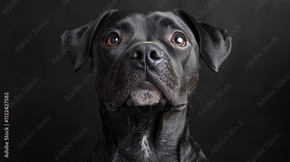 Fototapeta premium Close-up portrait of a black dog with expressive eyes against a dark background.