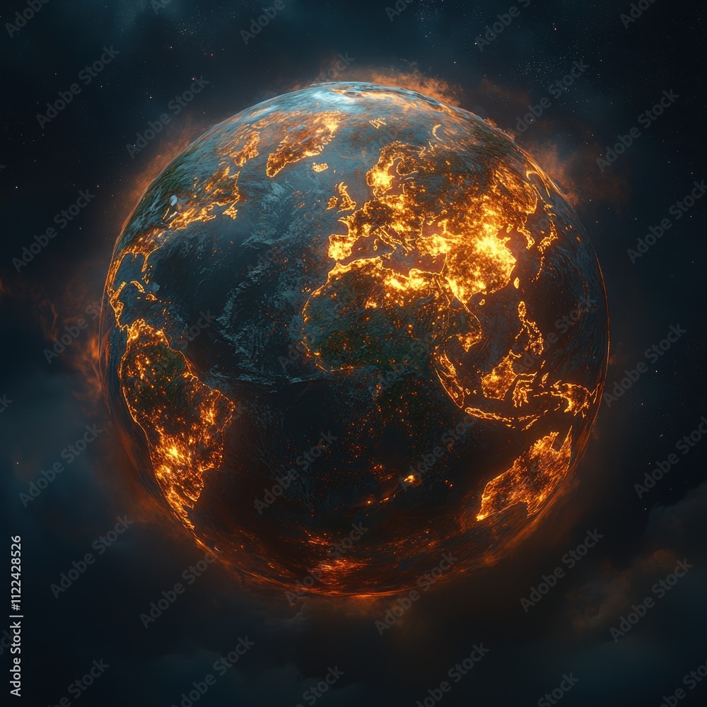 Obraz premium A fiery depiction of Earth, symbolizing environmental distress and climate change.