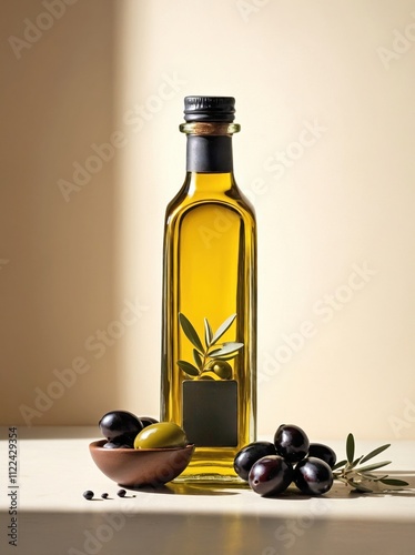 Wallpaper Mural A square glass bottle of olive oil, filled with deep amber liquid, set against a neutral beige background. Torontodigital.ca
