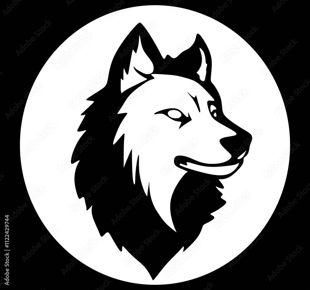 vetor de um lobo   preto e branco em um circulo  branco em um fundo preto