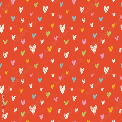 Seamless pattern with doodle colorful hearts, scattered across a bright red background. Perfect for Valentine's day designs, wrapping paper, or kids projects.