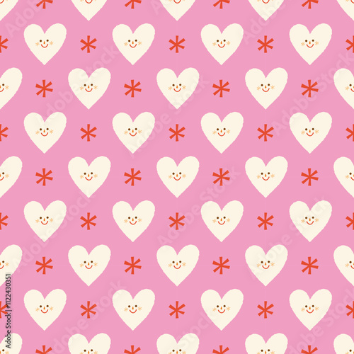 Seamless pattern featuring cute smiley heart motifs. Hand-drawn cream hearts on a pink background. Modern and cheerful design, ideal for kids or young people.