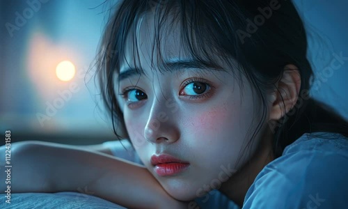 Asian Girl Sitting Alone on Bed Looking Unhappy