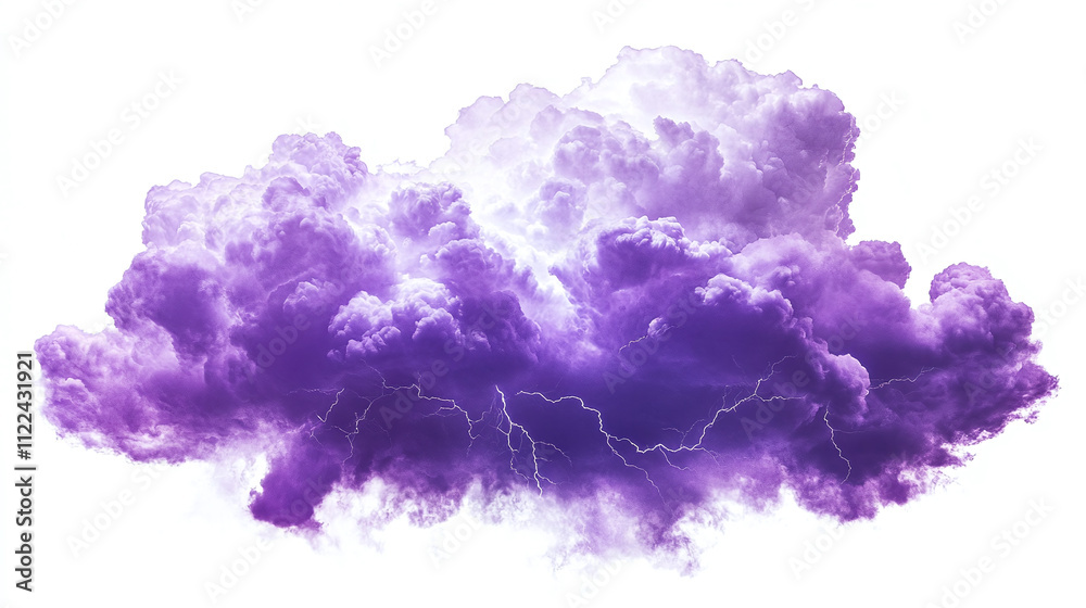 Fototapeta premium Purple cloud with lighting strikes or thunderbolts, storm illustration isolated on white background, danger in dark stormy nature weather on the sky.