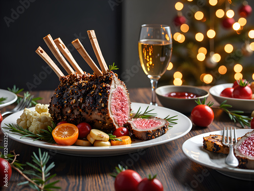 Elegant holiday dinner spread with herb crusted rack of lamb and festive decor, photography of food styling concept. photo