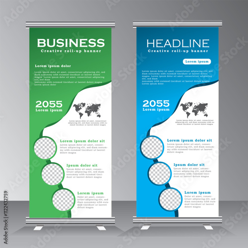 Roll up banner design for business. stand banner layout with three points , advertisement, pull up, vector background, vector illustration, business flyer, display, x-banner,  presentation