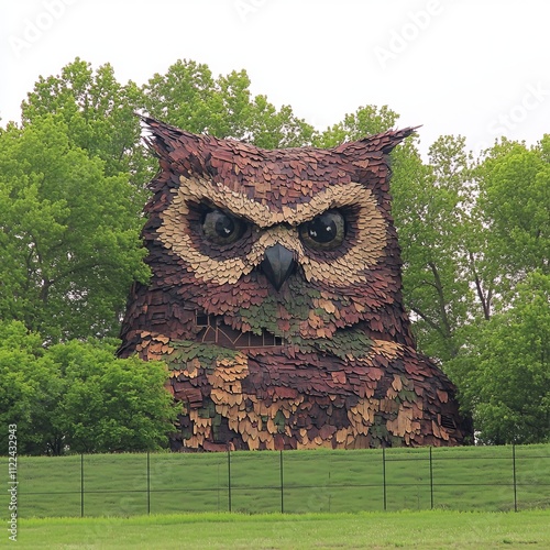 Large owl sculpture outdoors, nestled amongst green trees and grass. photo