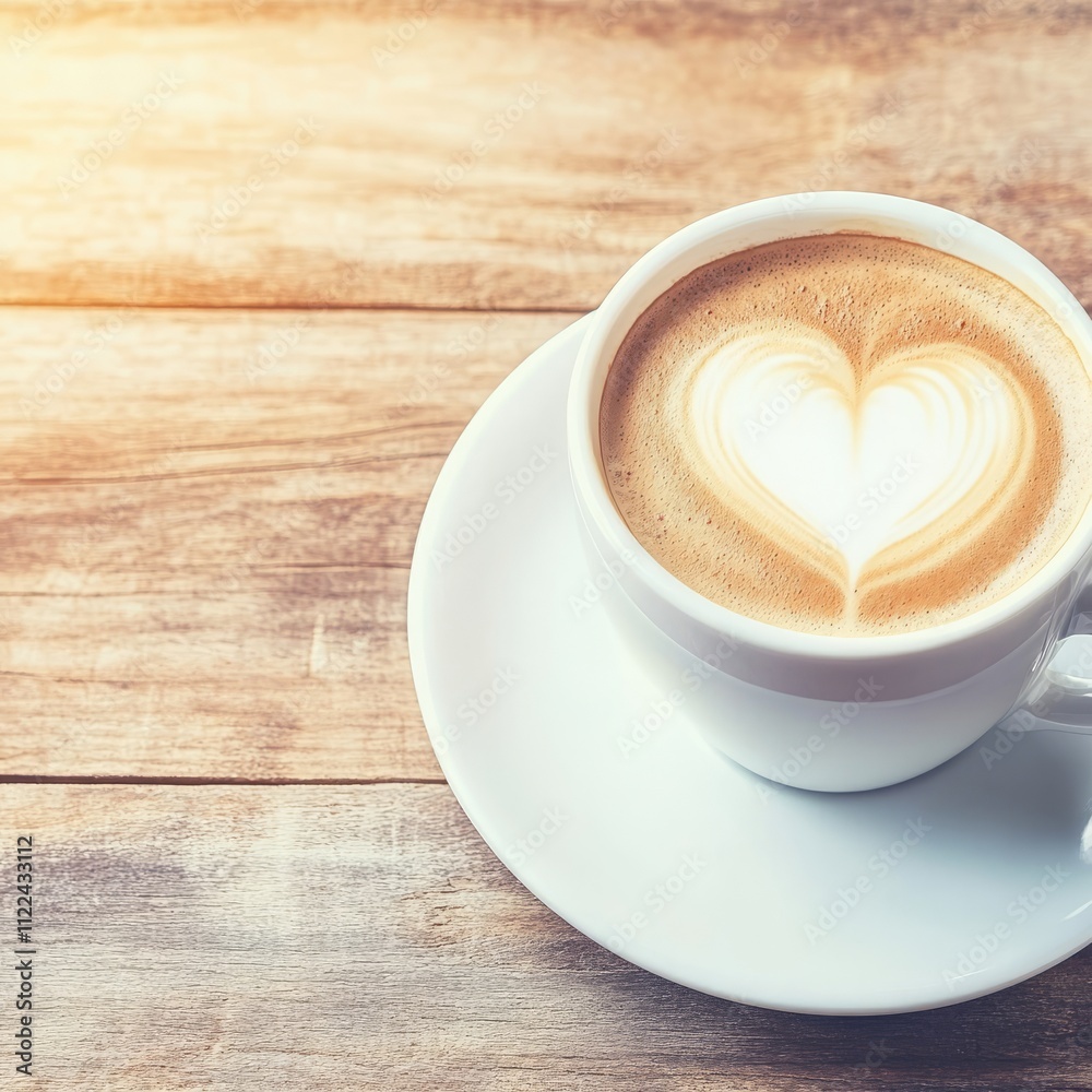 Fototapeta premium Latte art heart in white cup on wood.