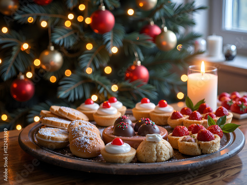 Delicious holiday dessert display with festive treats and beautiful christmas tree backdrop, photography of still life concept. photo