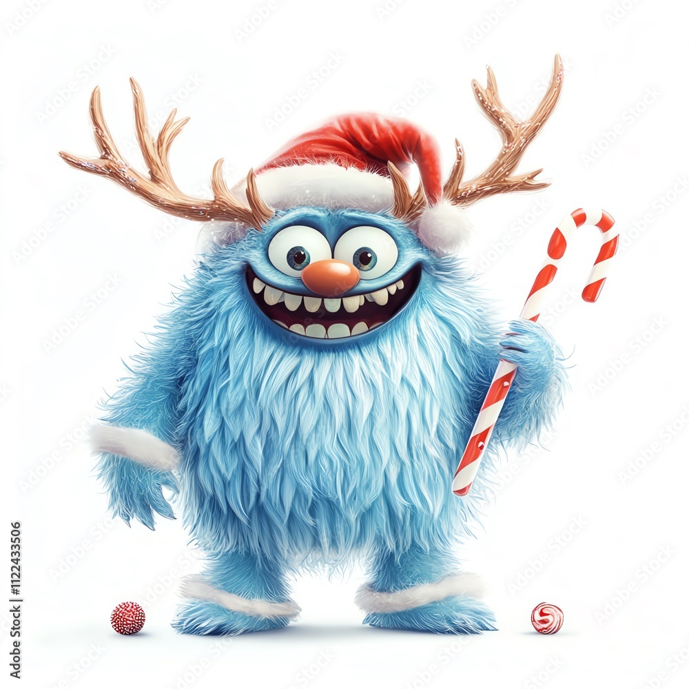 Naklejka premium Cheerful blue creature with antlers and Santa hat holding a candy cane, festive mood.