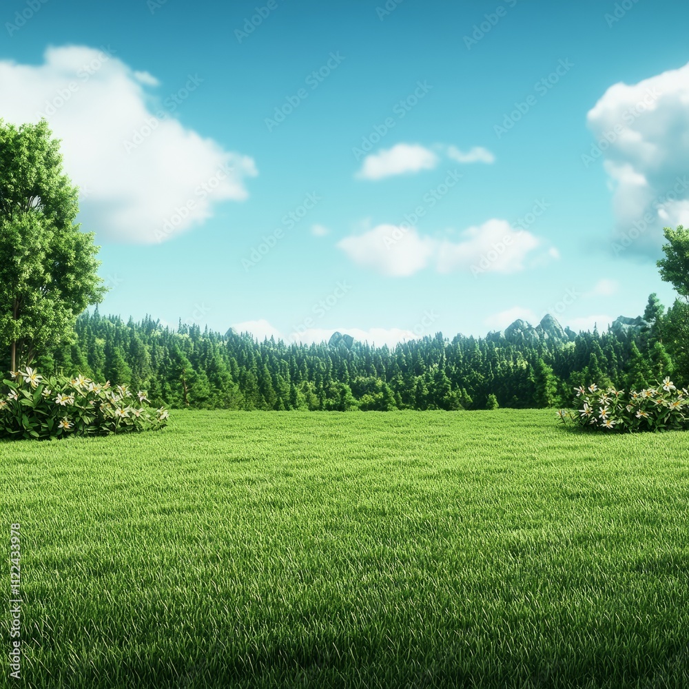 Obraz premium Lush green field, forest background, sunny day.