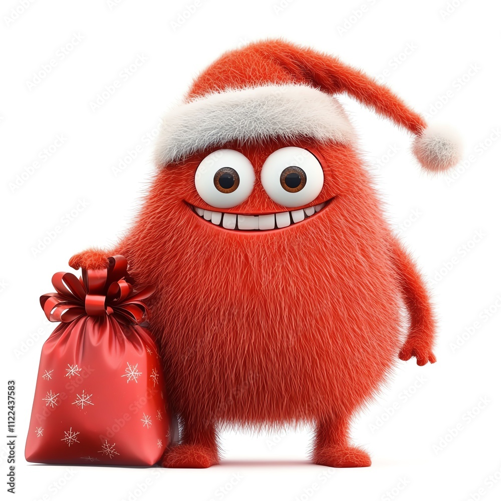 Fototapeta premium Cute red furry character with Santa hat and festive gift bag.