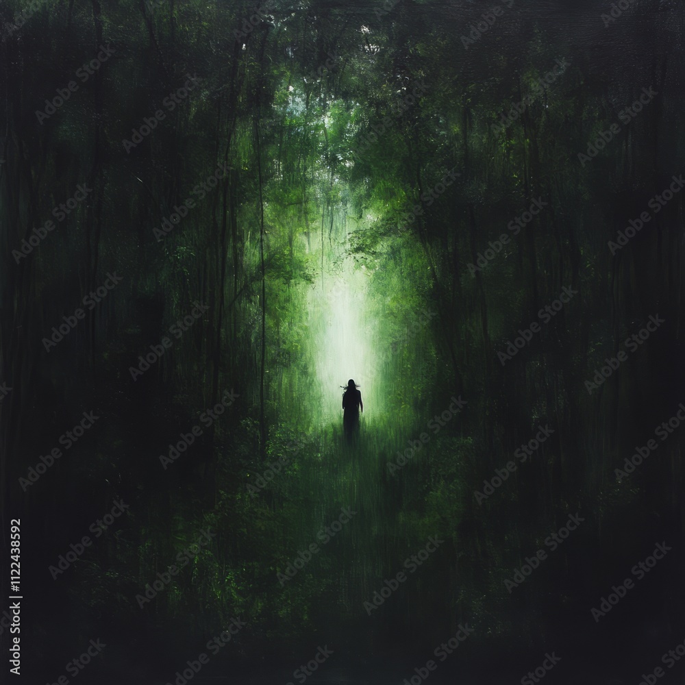 Fototapeta premium Mysterious figure walking down a misty forest path.