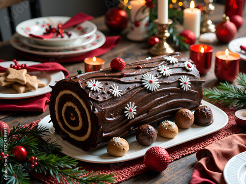 A deliciously decorated yule log cake surrounded by holiday cheer and festive decorations, photography of still life concept. photo