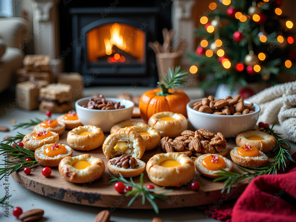 Fototapeta premium Delightful autumn confections on a cozy table by the fire with festive decorations, photography of food styling concept.