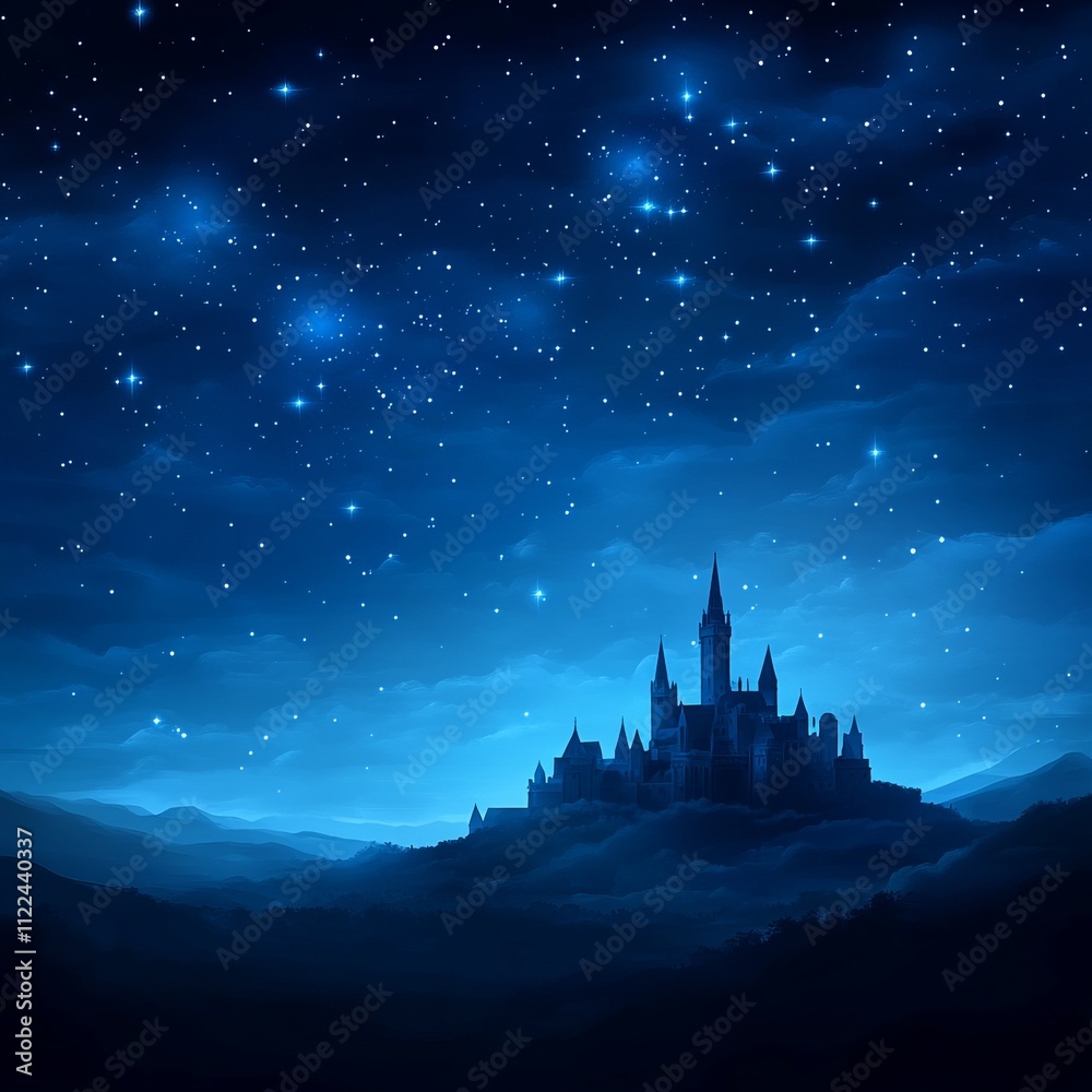 Naklejka premium Night sky over a majestic castle silhouetted against a starry backdrop.