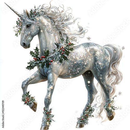 Majestic unicorn adorned with holly, prancing elegantly against a shimmering backdrop.