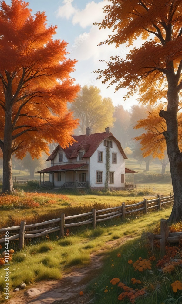 Autumn landscape with a farmhouse in the background , hay bales, warm sunlight Autumn landscape with a farmhouse in the background , hay bales, warm sunlight