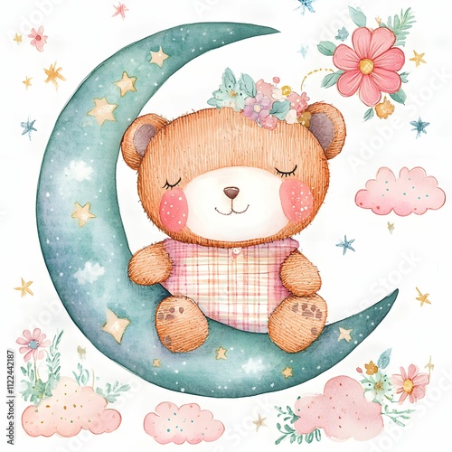 Cute watercolor teddy bear sleeping in the moon clipart