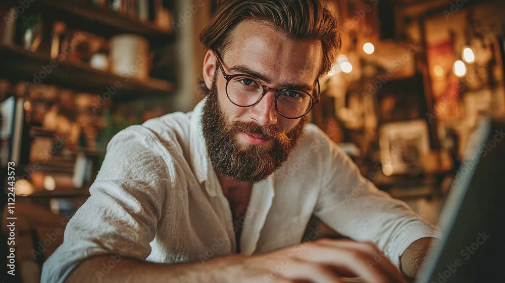 Obraz premium Bearded handsome young businessman sitting in his office, smiling and typing on a laptop computer device keyboard. wearing glasses and white shirt. male person or entrepreneur working,happy at his job