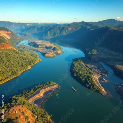 Aerial view, winding river, lush forested mountains, blue-green water, golden sunlight, rugged landscape, dramatic shadows, meandering waterway, sandy riverbanks, pristine wilderness, bird's eye persp photo