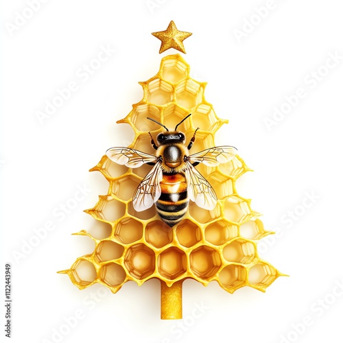 Bee on honeycomb shaped like a Christmas tree with a star on top. photo