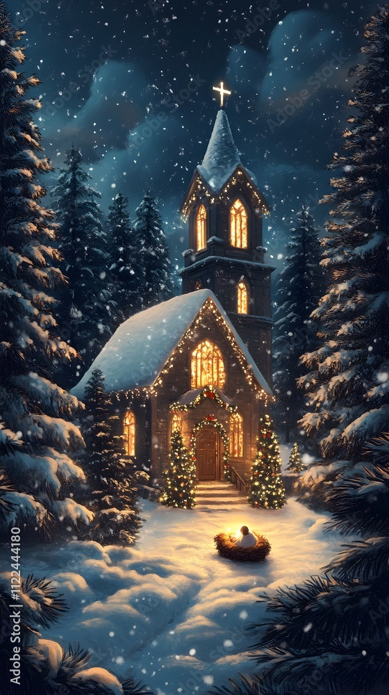 Fototapeta premium Snowy night, church, Christmas eve, winter wonderland, nativity scene.