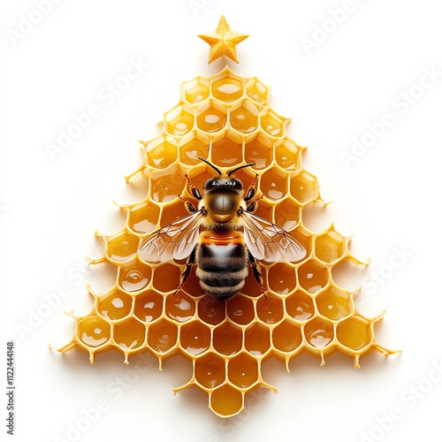 Bee resting on honeycomb shaped like a Christmas tree, symbolizing nature's creativity.