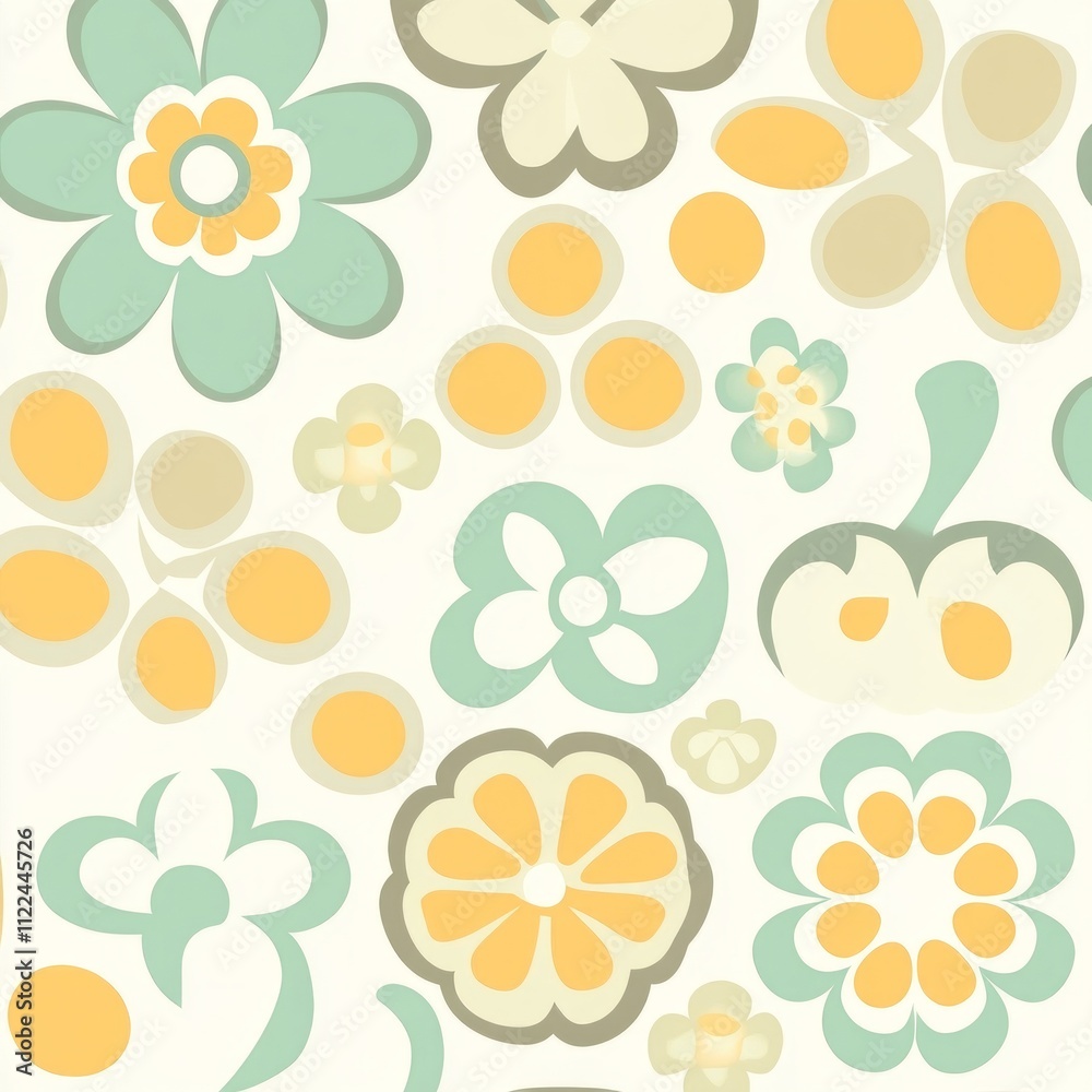 Obraz premium Seamless retro floral pattern with pastel flowers and circles on white background.