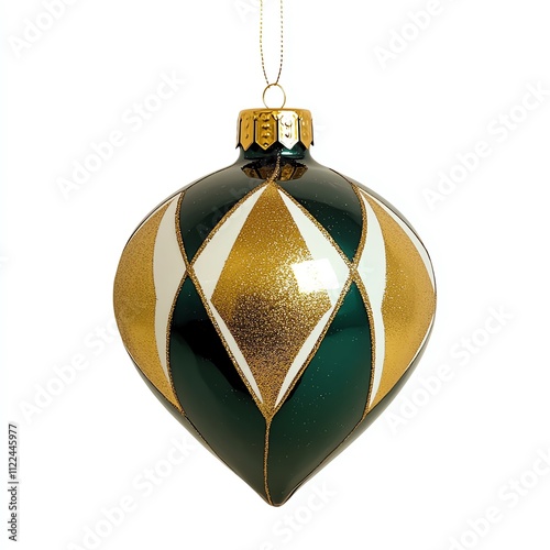 Elegant green and gold holiday ornament with shimmering geometric patterns.