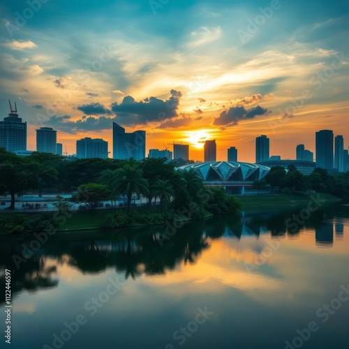 Sunrise at kallang lake over look to singapore sport hub River landscapes Ultra realistic Photorealistic landscape photographywater travel sky beautiful tourism outdoor photo