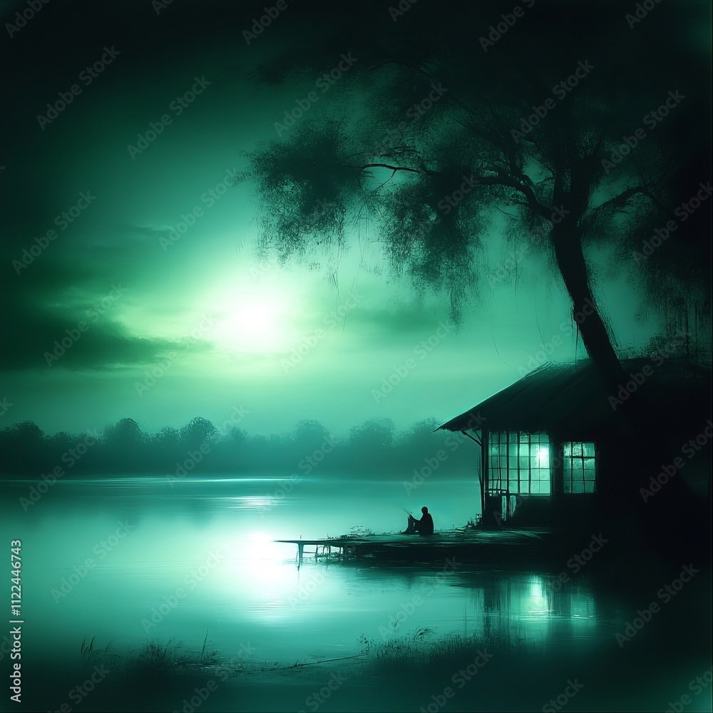 Fototapeta premium Serene night scene of a person sitting on a dock by a lake house under a tree, illuminated by moonlight.