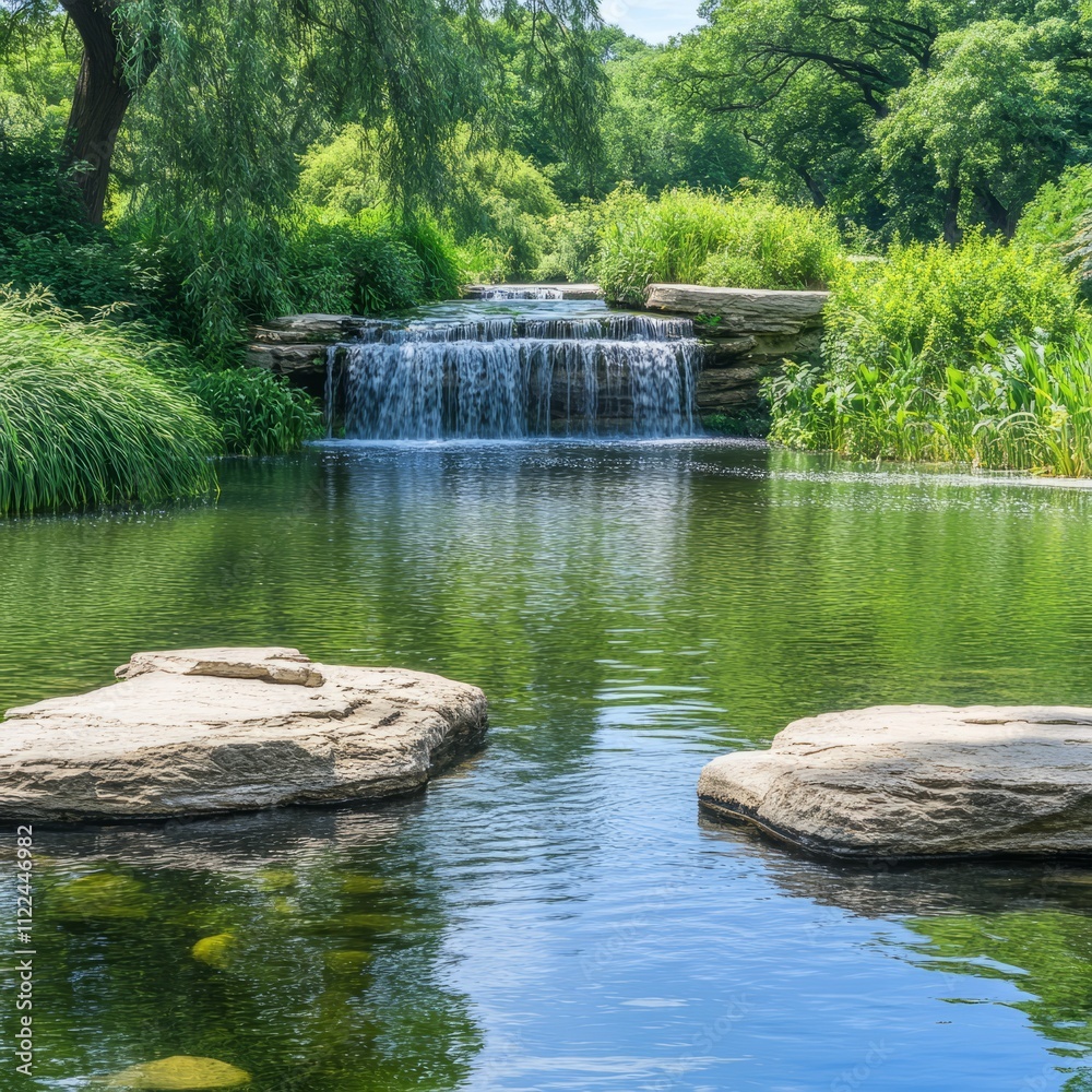 Naklejka premium Serene pond with cascading waterfall in lush green park.