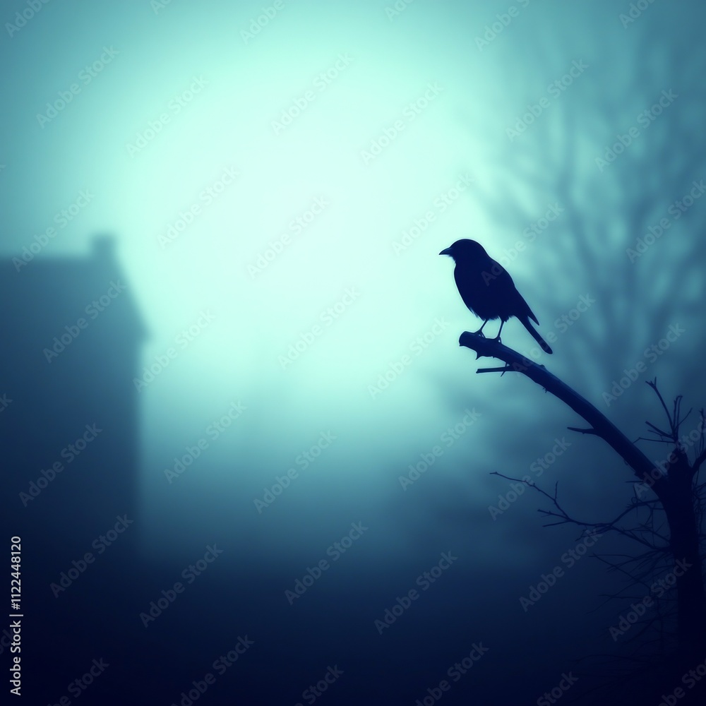 Fototapeta premium Silhouette of bird on branch, foggy background, house.