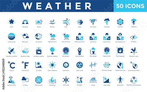 Weather icons set with stars, rainbow, wind, breeze, gust, gale, hurricane, tornado, cyclone, typhoon icon. Simple flat vector 
