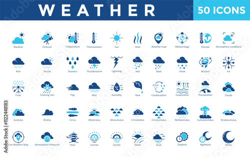 Weather icons set with weather, forecast, temperature, thermometer, sun, heat, weather map, meteorology, climate, atmospheric conditions icon. Simple flat vector 
