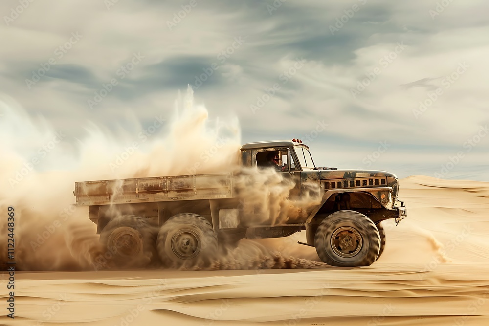 Obraz premium Monster truck in the sand desert with clouds