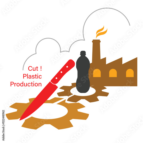CutPlasticProduction:Bold imagery of a knife, plastic bottle, and factory gears symbolizes the urgent need to cut plastic production, highlighting its industrial roots and environmental harm.