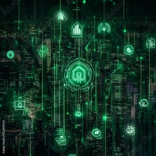 Smart city network, digital homes, technology, futuristic cityscape, green glowing icons, data connections, innovation, digital transformation.