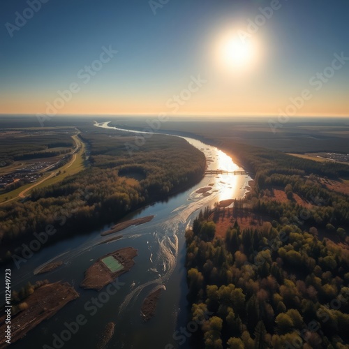 Aerial view of river in afternoon light in woodville sun shining over landscape River landscapes Ultra realistic Photorealistic landscape photographywater travel sky beautiful tourism outdoor photo