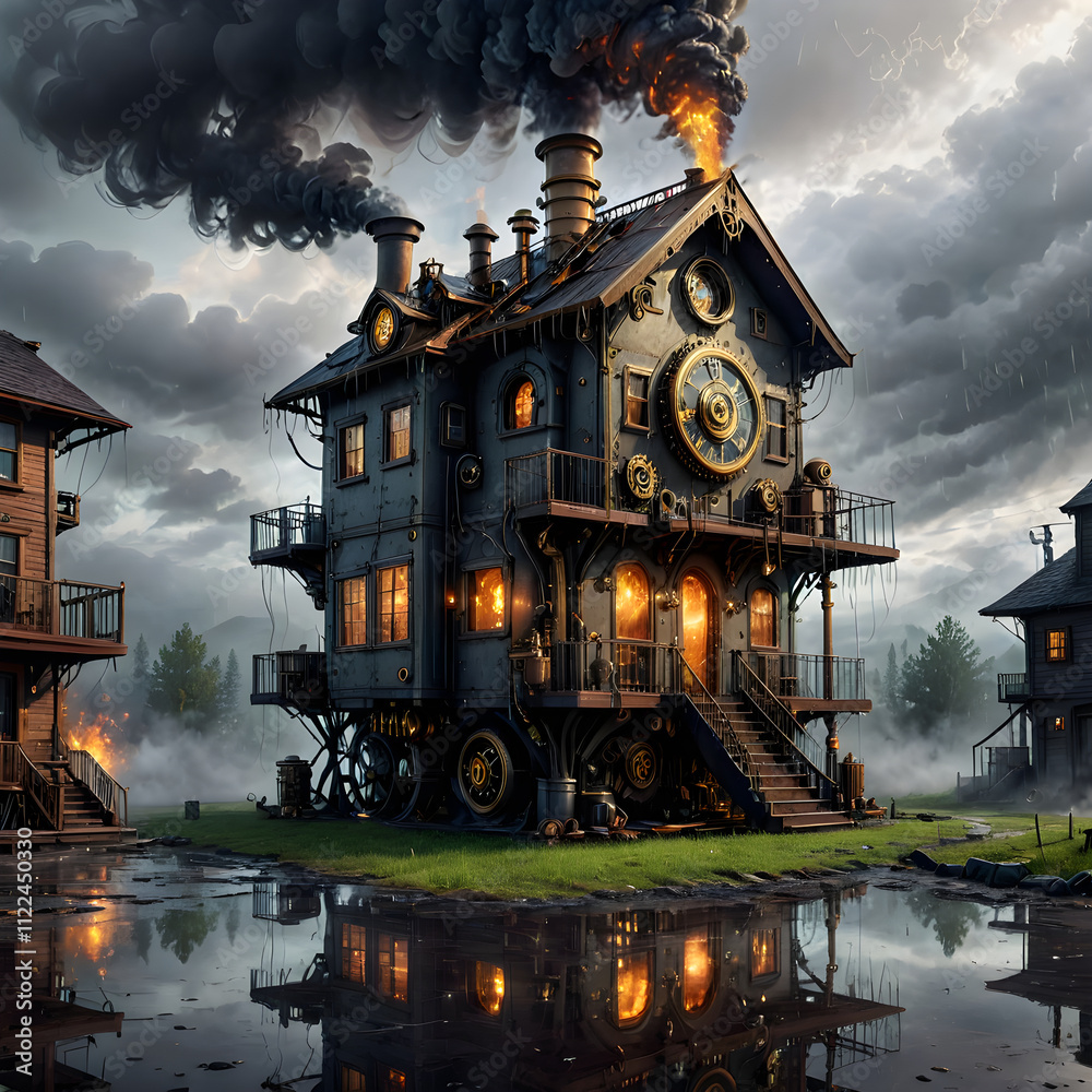 Obraz premium there is a steam engine train coming out of a house