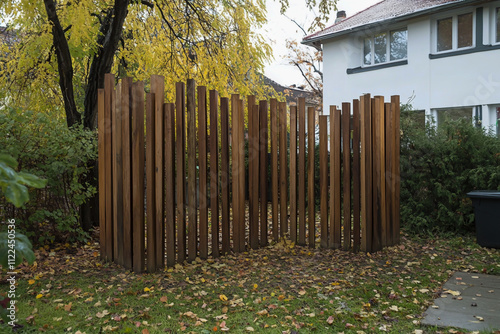 A wooden fence surrounds the garden, consisting of randomly arranged wooden slats that form a sturdy barrier about five feet tall and ten inches wide. photo