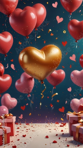 A vibrant arrangement featuring a red gift box with a golden ribbon, surrounded by heart-shaped balloons in pink and red tones, floating amidst confetti on a soft pink background photo